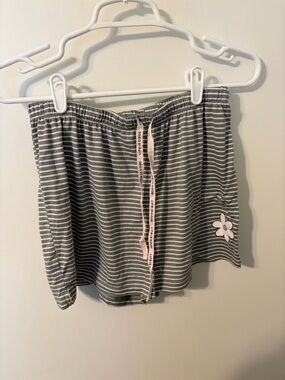 Life Is Good Gray and White Striped Pajama Shorts with Pink Drawstring